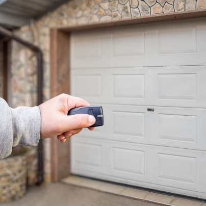 Amarillo security key fob pointing to a garage door